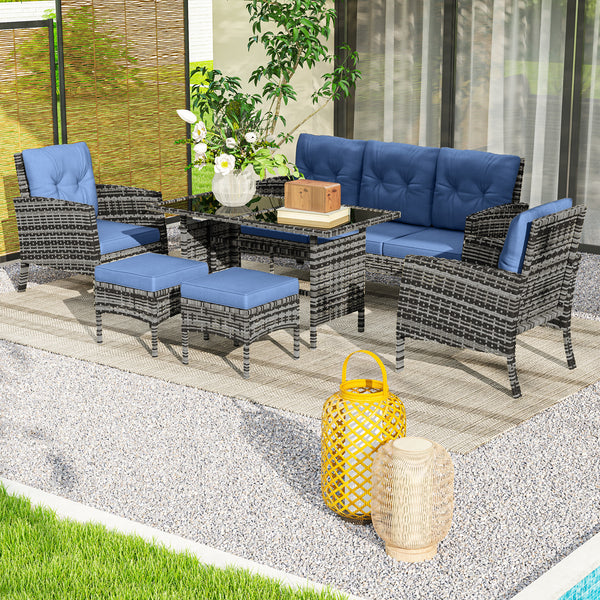 6 Piece Patio Furniture Set with Patio Chairs, Ottomans, Sofa, Glass Top Table and Cushions, Wicker Rattan Outdoor Furniture Set for Backyard, Porch, Navy Blue