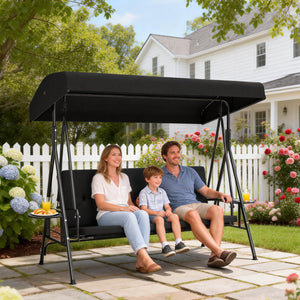 3-Seat Patio Swing Chair, Outdoor Porch Swing Glider with Adjustable Canopy, Side Tray, Removable Cushion, Steel Frame, Breathable Mesh Seat for Garden, Poolside, Black