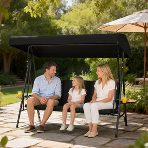 3-Seat Patio Swing Chair, Outdoor Porch Swing Glider with Adjustable Canopy, Side Tray, Removable Cushion, Steel Frame, Breathable Mesh Seat for Garden, Poolside, Black