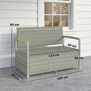 144 L Garden Storage Bench with Zipped Liner, 2 Seater PE Rattan Garden Bench with Storage, Gas Strut, Acacia Wood Top Armrests, Cushion, Patio Outdoor Benches Chest Container, Light Grey