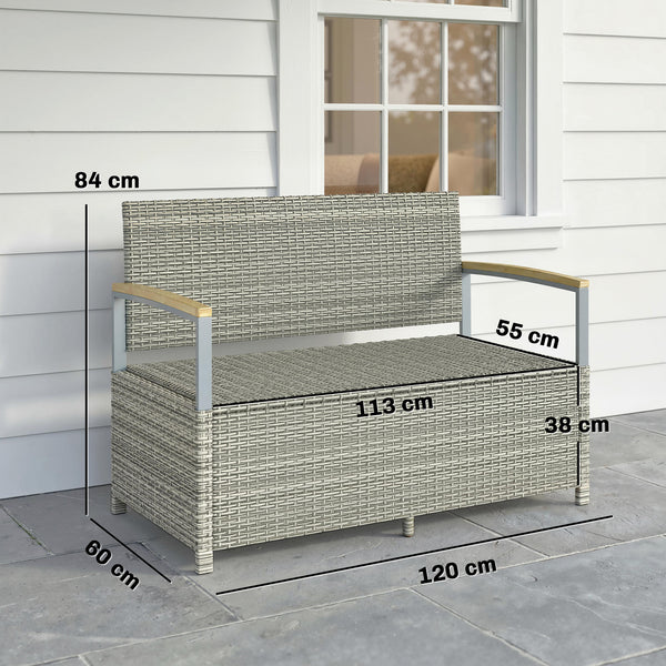 144 L Garden Storage Bench with Zipped Liner, 2 Seater PE Rattan Garden Bench with Storage, Gas Strut, Acacia Wood Top Armrests, Cushion, Patio Outdoor Benches Chest Container, Light Grey