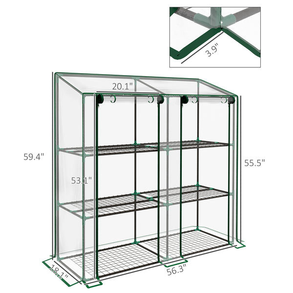 Lean-to Greenhouse with 3 Tier Shelves, 56.3" x 18.1" x 59.4" Portable Small Greenhouse with 2 Roll-Up Zippered Doors, Transparent Plastic Cover, for Indoor Outdoor Garden Backyard, Clear