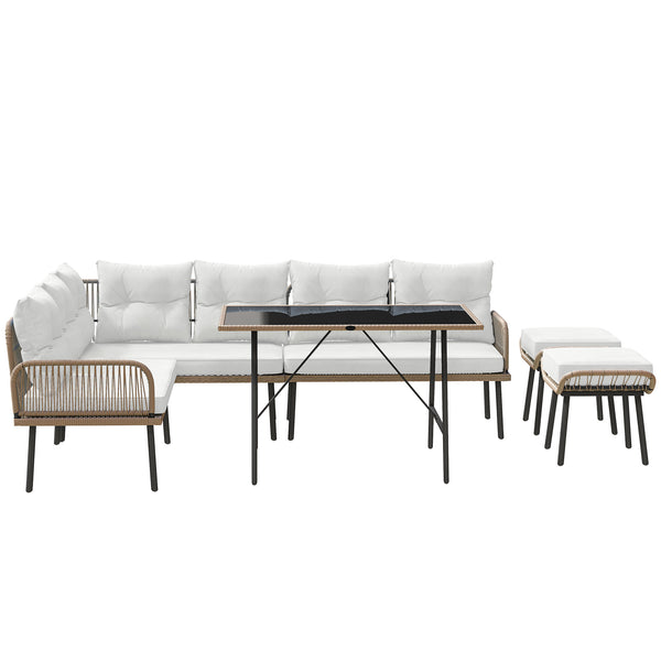 6 Piece Rattan Garden Furniture Set, 8 Seater Garden Corner Sofa with Cushions and Glass Top Table, Sectional Outdoor Furniture Conservatory Set for Patio, Cream White