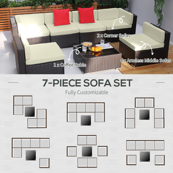 Outsunny 7 Piece Outdoor Patio Furniture Set with Cushions, All Weather PE Rattan Outdoor Sectional Patio Furniture Set, Wicker Conversation Sets with Glass Top Coffee Table, Beige