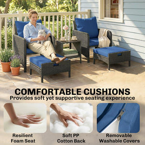 5 Piece Patio Furniture Set, Wicker Balcony Furniture with 23.6" Wide Deep Seat, 2 Ottomans, Glass Coffee Table, Cushions, Rattan Outdoor Conversation Patio Set for Garden Porch, Navy Blue