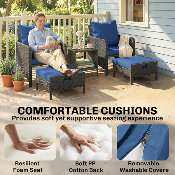 5 Piece Patio Furniture Set, Wicker Balcony Furniture with 23.6" Wide Deep Seat, 2 Ottomans, Glass Coffee Table, Cushions, Rattan Outdoor Conversation Patio Set for Garden Porch, Navy Blue