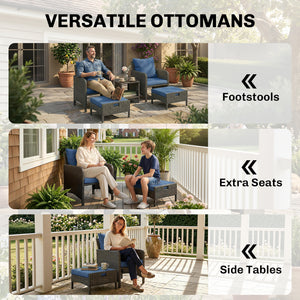 5 Piece Patio Furniture Set, Wicker Balcony Furniture with 23.6" Wide Deep Seat, 2 Ottomans, Glass Coffee Table, Cushions, Rattan Outdoor Conversation Patio Set for Garden Porch, Navy Blue