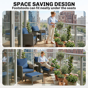5 Piece Patio Furniture Set, Wicker Balcony Furniture with 23.6" Wide Deep Seat, 2 Ottomans, Glass Coffee Table, Cushions, Rattan Outdoor Conversation Patio Set for Garden Porch, Navy Blue