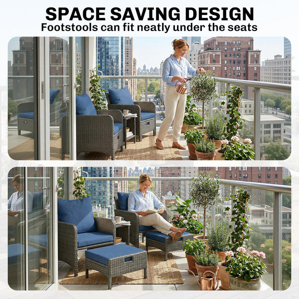 5 Piece Patio Furniture Set, Wicker Balcony Furniture with 23.6" Wide Deep Seat, 2 Ottomans, Glass Coffee Table, Cushions, Rattan Outdoor Conversation Patio Set for Garden Porch, Navy Blue