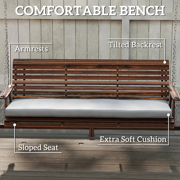 3 Seater Garden Swing Seat, Wooden Swing Chair Bench with Cushion, Side Trays and Metal Chains, for Outdoor Porch Patio, Carbonised Brown