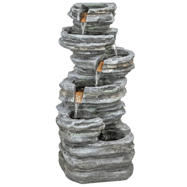 Outdoor Fountain with 6-Tier Rock Design, Cascading Waterfall Feature with LED Lights, Resin Freestanding Garden Fountain for Patio Balcony, Grey