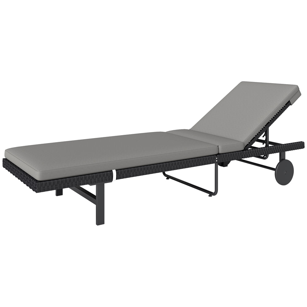 PE Rattan Tanning Chair with 5-Level Adjustable Backrest and Wheels, Outdoor Lounge Chair with Cushion, UV-Resistant Patio Sun Lounger for Garden, Poolside, Grey