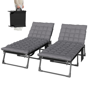 Lounge Chair Outdoor Set of 2, 75 cm Wide Folding Chaise Lounge Tanning Chair, 5-Position Beach Patio Lounger Camping Cot Bed with Cushion, Side Pocket, Dark Grey