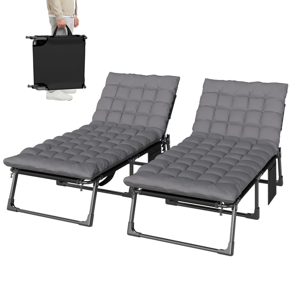 Lounge Chair Outdoor Set of 2, 75 cm Wide Folding Chaise Lounge Tanning Chair, 5-Position Beach Patio Lounger Camping Cot Bed with Cushion, Side Pocket, Dark Grey