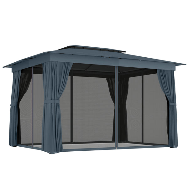 10' x 12' Outdoor Patio Gazebo, Soft Top Gazebo Canopy Shelter with Double Roof, Curtains, Netting, Steel Frame, UPF30+ Protection, Ceiling Hooks for Lawn, Backyard, Deck, Blue