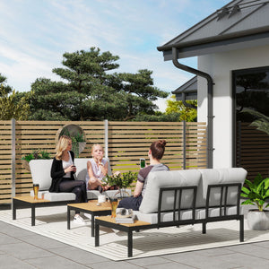 4 Piece L Shaped Garden Furniture Set, 4 Seater Outdoor Corner Garden Set, 2 Loveseats with Removable Backs, 2 Wood-Plastic Coffee Tables and Thick Cushions, Teak