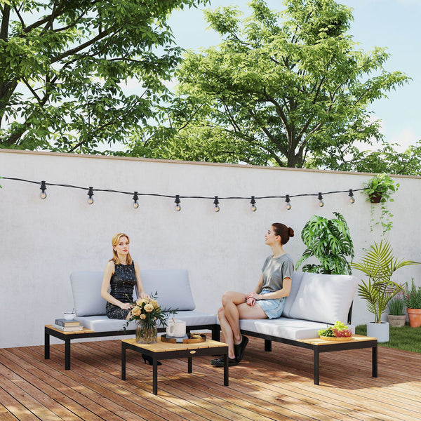 4 Piece L Shaped Garden Furniture Set, 4 Seater Outdoor Corner Garden Set, 2 Loveseats with Removable Backs, 2 Wood-Plastic Coffee Tables and Thick Cushions, Teak