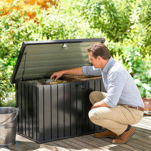 400L Garden Storage Box, Waterproof Metal Outdoor Storage Box with Lockable Lid, Storage Container Furniture Terrace Box, 124 x 66 x 72 cm, Black