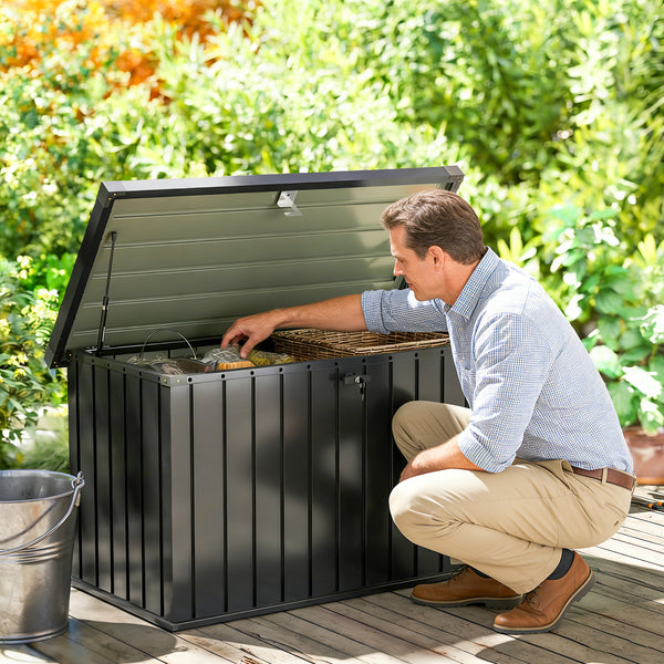 400L Garden Storage Box, Waterproof Metal Outdoor Storage Box with Lockable Lid, Storage Container Furniture Terrace Box, 124 x 66 x 72 cm, Black