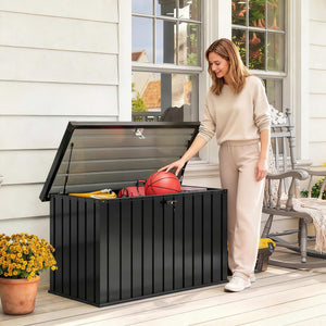 400L Garden Storage Box, Waterproof Metal Outdoor Storage Box with Lockable Lid, Storage Container Furniture Terrace Box, 124 x 66 x 72 cm, Black