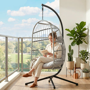 Hanging Egg Chair, Indoor Outdoor Hammock Swing Chair with Stand, Safety Strap, Foldable Basket, Thick Cushions, Headrest, Adjustable Height, Metal Frame for Garden Balcony, Light Grey