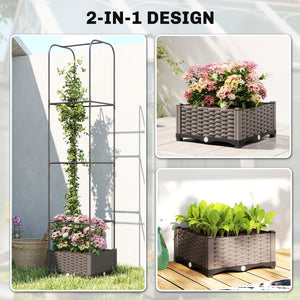 Raised Garden Bed with Trellis, Self Watering Plastic Planter Box with Drainage Holes, Drain Plugs and Water Reservoirs for Climbing Plants, Vegetables, Flowers, 40 x 40 x 179 cm, Black