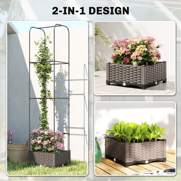 Raised Garden Bed with Trellis, Self Watering Plastic Planter Box with Drainage Holes, Drain Plugs and Water Reservoirs for Climbing Plants, Vegetables, Flowers, 40 x 40 x 179 cm, Black