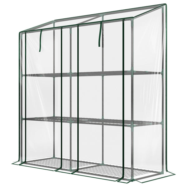 Lean-to Greenhouse with 3 Tier Shelves, 56.3" x 18.1" x 59.4" Portable Small Greenhouse with 2 Roll-Up Zippered Doors, Transparent Plastic Cover, for Indoor Outdoor Garden Backyard, Clear