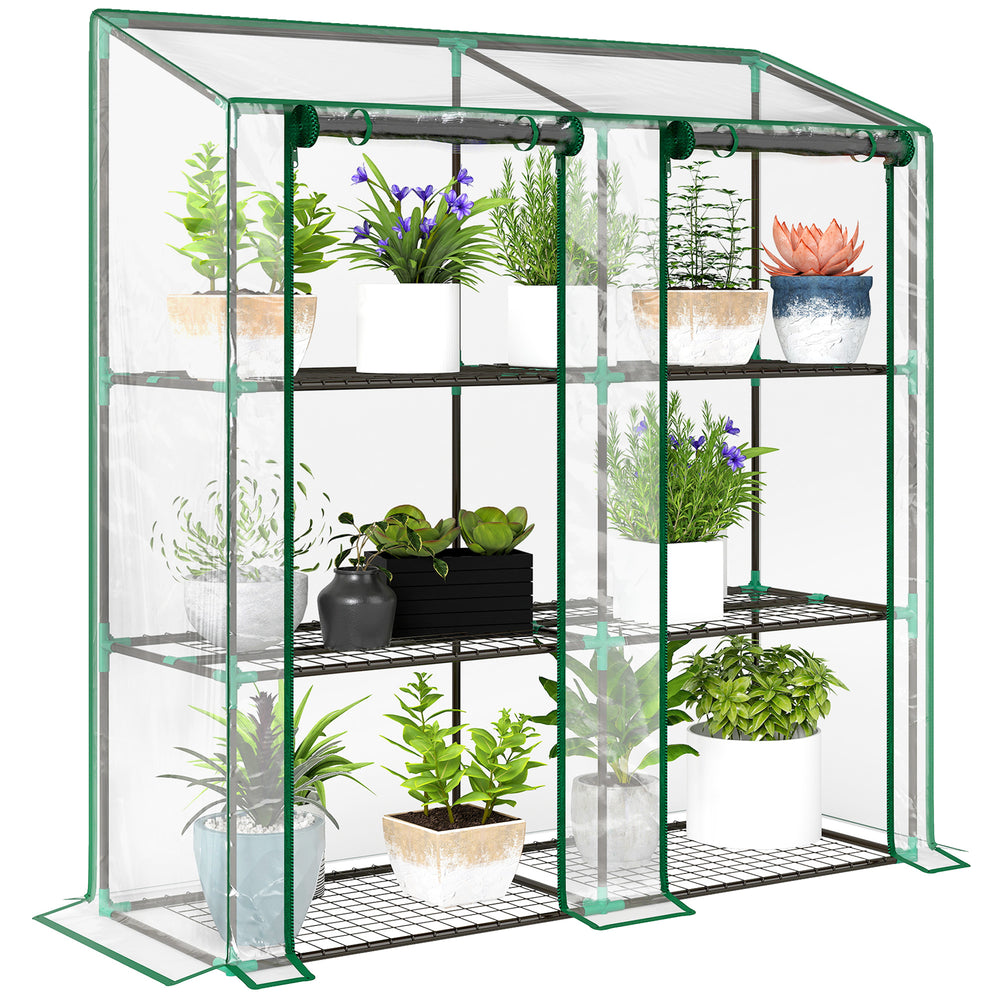 Lean-to Greenhouse with 3 Tier Shelves, 56.3" x 18.1" x 59.4" Portable Small Greenhouse with 2 Roll-Up Zippered Doors, Transparent Plastic Cover, for Indoor Outdoor Garden Backyard, Clear