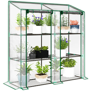 Lean-to Greenhouse with 3 Tier Shelves, 56.3" x 18.1" x 59.4" Portable Small Greenhouse with 2 Roll-Up Zippered Doors, Transparent Plastic Cover, for Indoor Outdoor Garden Backyard, Clear