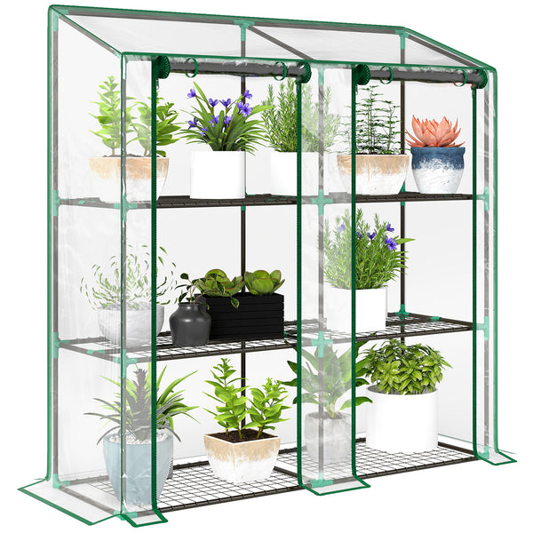 Lean-to Greenhouse with 3 Tier Shelves, 56.3" x 18.1" x 59.4" Portable Small Greenhouse with 2 Roll-Up Zippered Doors, Transparent Plastic Cover, for Indoor Outdoor Garden Backyard, Clear