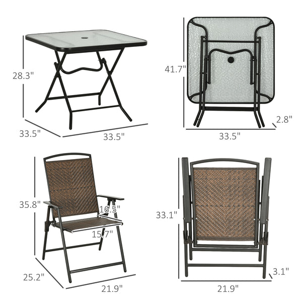 Outsunny 5 Pieces Wicker Patio Dining Set, Foldable Outdoor Table and Chairs, Wicker Furniture Dining Set with Umbrella Hole, Tempered Glass Table, Dark Brown