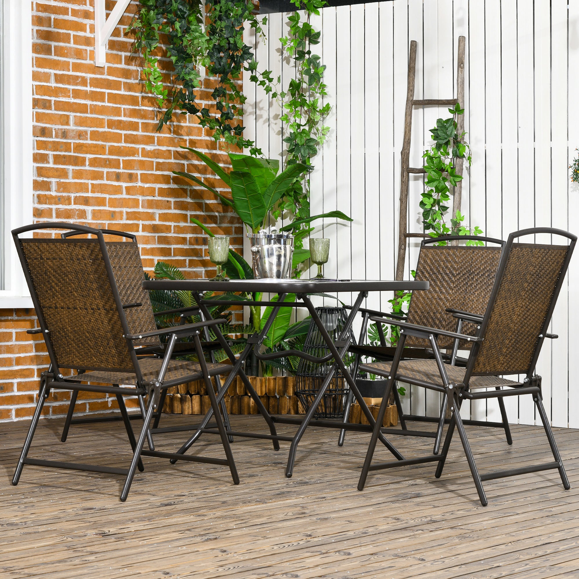 5 glass patio table with umbrella hole Outsunny 5 Pieces Outdoor Dining Set for 4 with Umbrella Hole, Tempered Glass Top, Dark Brown