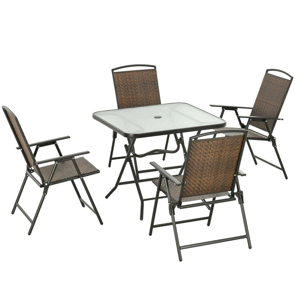 Outsunny 5 Pieces Wicker Patio Dining Set, Foldable Outdoor Table and Chairs, Wicker Furniture Dining Set with Umbrella Hole, Tempered Glass Table, Dark Brown