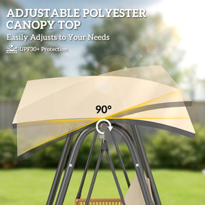 3 Seater Garden Swing Chair with Adjustable Tilting Canopy, 360 kg Capacity Garden Swing Seat Outdoor Hammock Bench with Breathable Texteline Seat, Zipped Cushions, Metal Frame, Sand Brown