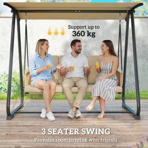 3 Seater Garden Swing Chair with Adjustable Tilting Canopy, 360 kg Capacity Garden Swing Seat Outdoor Hammock Bench with Breathable Texteline Seat, Zipped Cushions, Metal Frame, Sand Brown