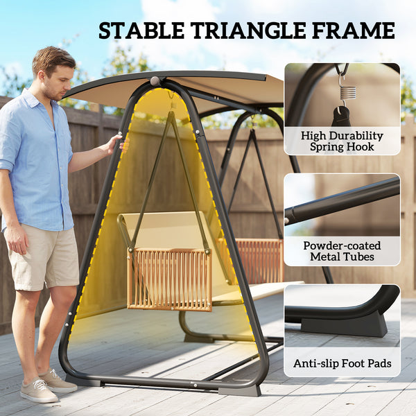 3 Seater Garden Swing Chair with Adjustable Tilting Canopy, 360 kg Capacity Garden Swing Seat Outdoor Hammock Bench with Breathable Texteline Seat, Zipped Cushions, Metal Frame, Sand Brown