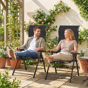 Folding Patio Chairs Set of 2, Reclining Outdoor Chair with 33.5" High Back, Retractable Footrest, 5-Position Outdoor Recliner Lounge Chairs for Lawn Yard Beach, Black