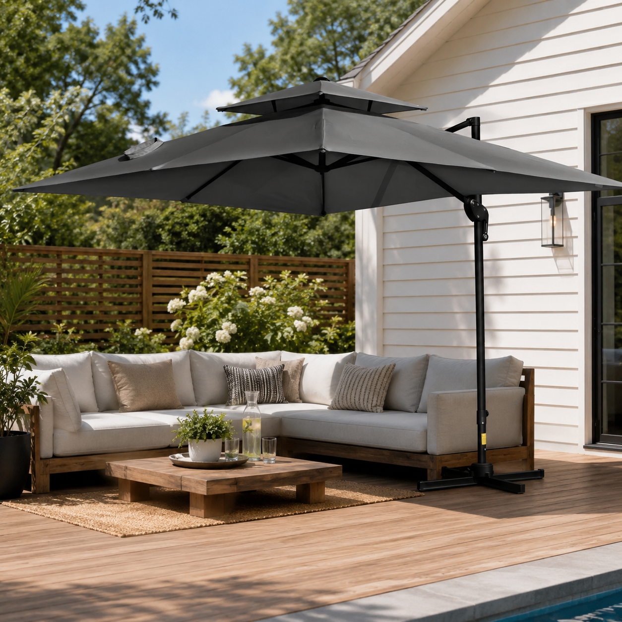 Outsunny 10' x 10' Double Top Square Offset Umbrella with Umbrella Cover, Charcoal Grey