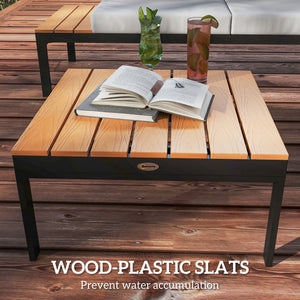 4 Piece L Shaped Garden Furniture Set, 4 Seater Outdoor Corner Garden Set, 2 Loveseats with Removable Backs, 2 Wood-Plastic Coffee Tables and Thick Cushions, Teak