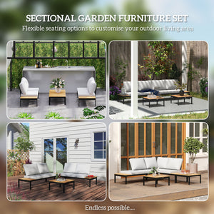 4 Piece L Shaped Garden Furniture Set, 4 Seater Outdoor Corner Garden Set, 2 Loveseats with Removable Backs, 2 Wood-Plastic Coffee Tables and Thick Cushions, Teak