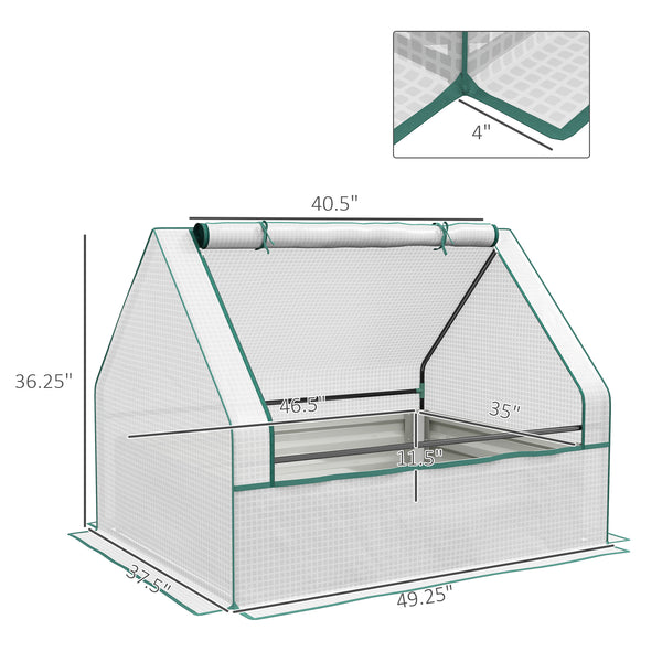 Outsunny 4 x 3 x 1ft Raised Garden Bed with Mini Greenhouse, Galvanized Outdoor Planter Box with Cover, for Herbs and Vegetables, Use for Patio, Garden, Balcony, White Cover and Silver Planter