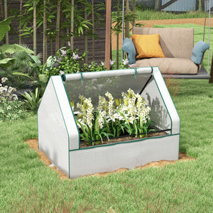 Outsunny 4 x 3 x 1ft Raised Garden Bed with Mini Greenhouse, Galvanized Outdoor Planter Box with Cover, for Herbs and Vegetables, Use for Patio, Garden, Balcony, White Cover and Silver Planter