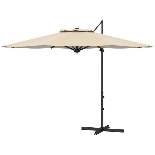 10 FT Cantilever Patio Umbrella, Round Hanging Offset Umbrella with 360°Rotation, Crank, Tilt, Cross Base, 8 Ribs, Air Vent, Outdoor Umbrella for Garden, Backyard, Khaki