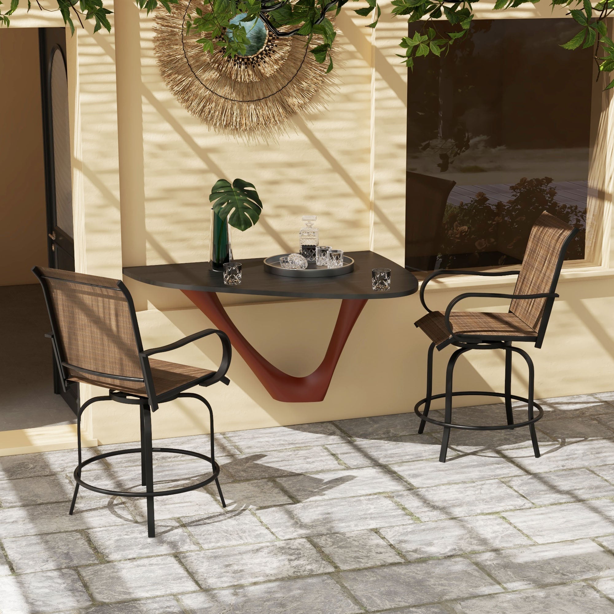 bar height patio table with umbrella 2 chairs Outsunny 2 Pieces Outdoor Bar Stools, 360° Swivel Bar Height Chairs, 26.8" x 29.5" x 48.4", Brown
