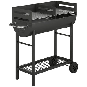 Charcoal Barbecue Grill with 2 Cooking Areas, Portable BBQ Trolley with Wheels, Height Adjustable Grates, Side Handle, Bottom Shelf, Metal Outdoor Cooker for Garden Camping, Picnic, Party