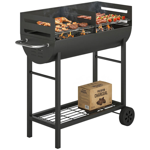 Charcoal Barbecue Grill with 2 Cooking Areas, Portable BBQ Trolley with Wheels, Height Adjustable Grates, Side Handle, Bottom Shelf, Metal Outdoor Cooker for Garden Camping, Picnic, Party