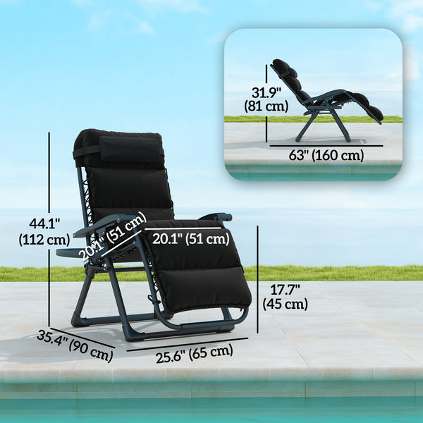 Reclining Zero Gravity Chair with Adjustable Backrest, Folding Garden Sun Lounger with Removable Cushion, Headrest Cup Phone Holder Tray, Set of 2, Black