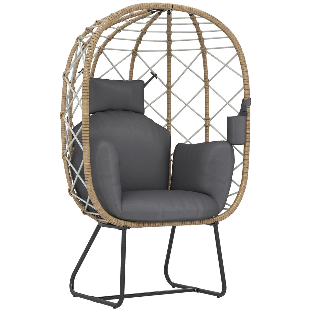 Rattan Egg Chair Outdoor Indoor Wicker Chair with Thickened Cushion and Headrest, Standing Garden Egg Chair with Cup Holder, Metal Frame for Patio, Balcony, Brown