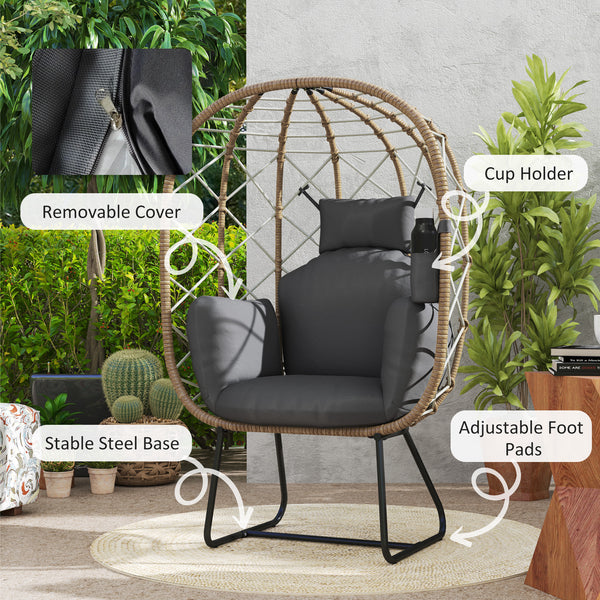 Rattan Egg Chair Outdoor Indoor Wicker Chair with Thickened Cushion and Headrest, Standing Garden Egg Chair with Cup Holder, Metal Frame for Patio, Balcony, Brown